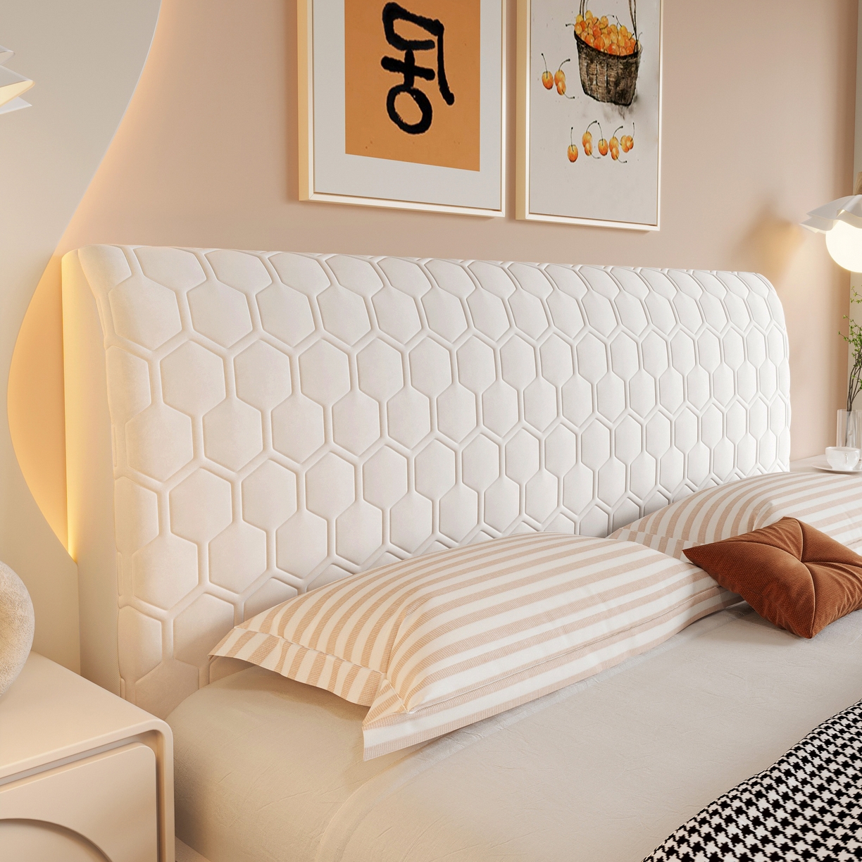 91家纺网 家纺一手货源 找家纺 沐沐家纺 2026新款乳胶六边形床头罩 米白