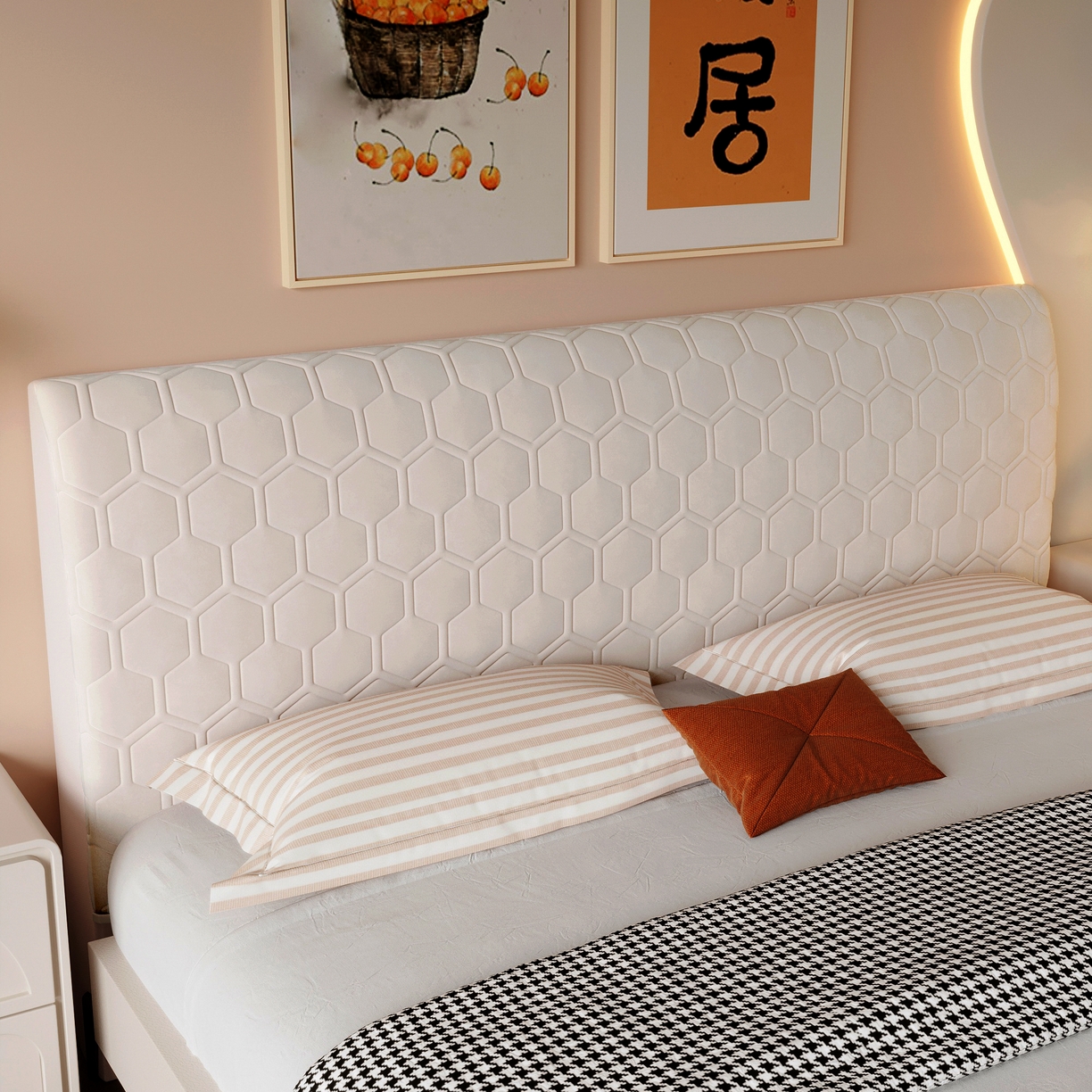 91家纺网 家纺一手货源 找家纺 沐沐家纺 2026新款乳胶六边形床头罩 米白