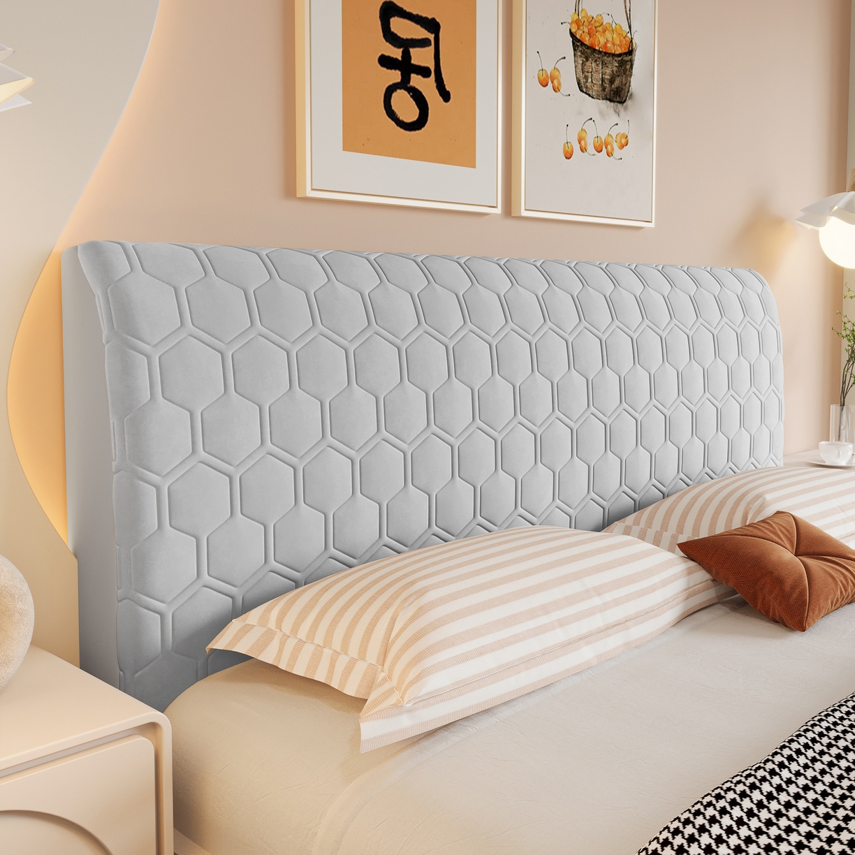 沐沐家纺 2026新款乳胶六边形床头罩 浅灰