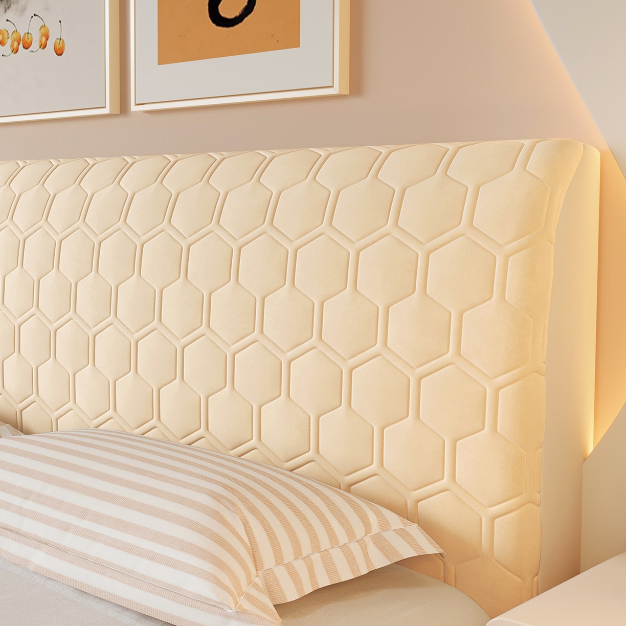 91家纺网 家纺一手货源 找家纺 沐沐家纺 2026新款乳胶六边形床头罩 玛卡黄