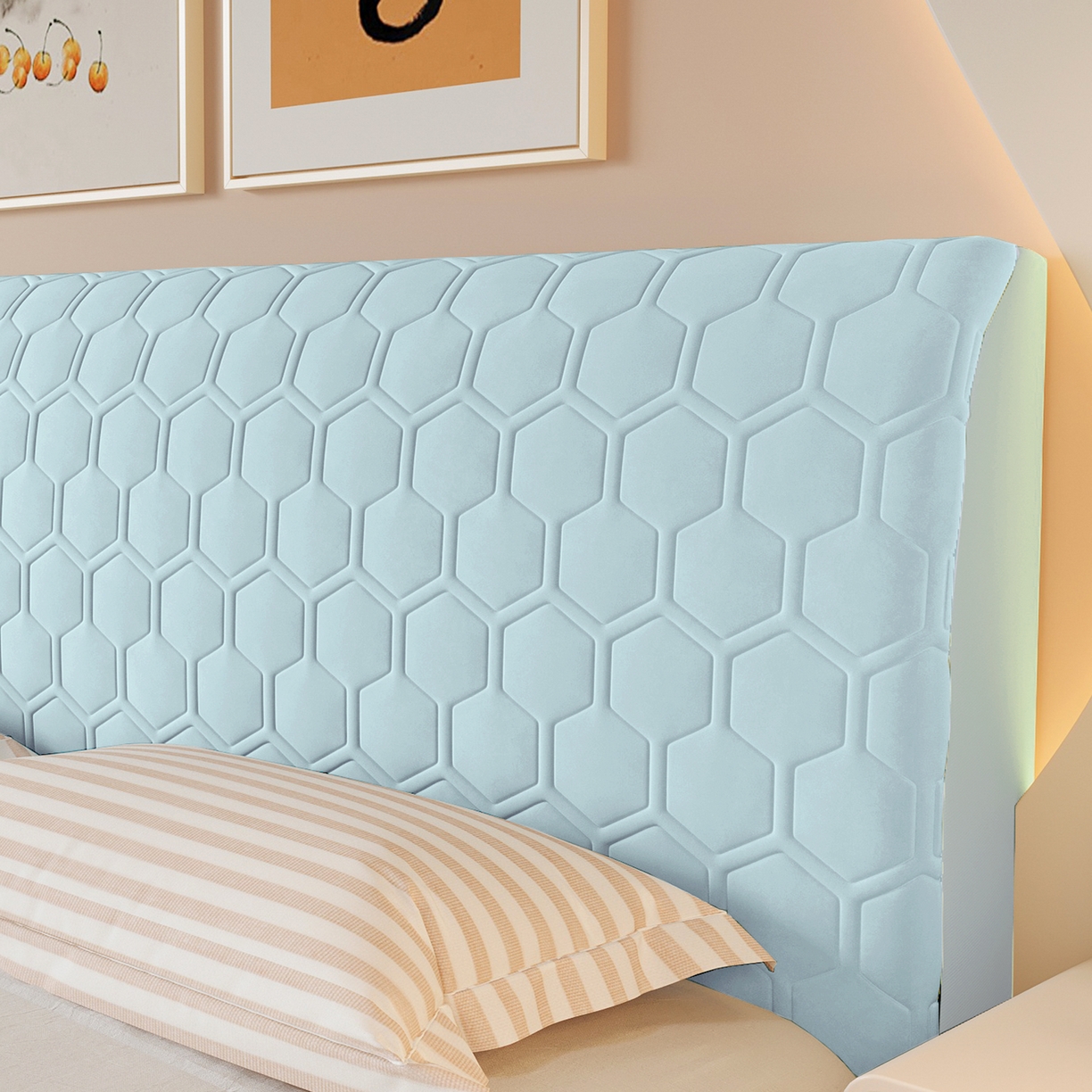 91家纺网 家纺一手货源 找家纺 沐沐家纺 2026新款乳胶六边形床头罩 天蓝