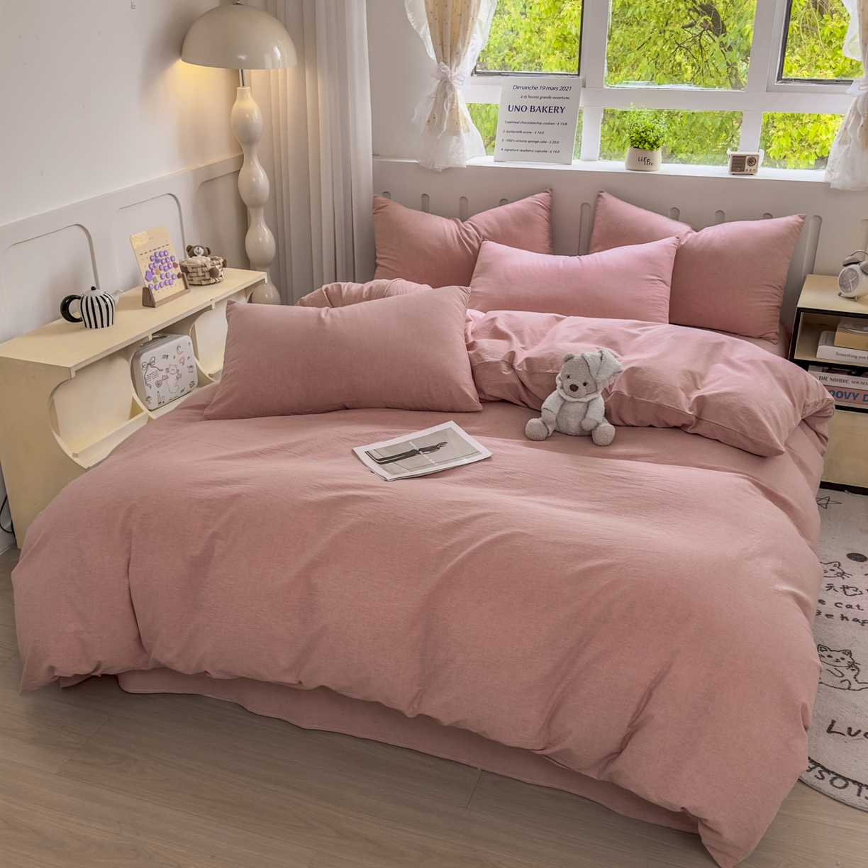 91家纺网 家纺一手货源 找家纺 晚依家纺 2025新款A类全棉色织水洗棉四件套纯棉格子纯色被套学生宿舍三件套定制定做 纯色-藕粉