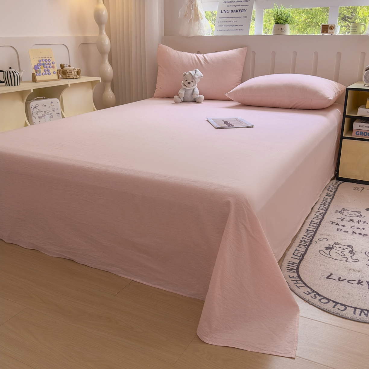 91家纺网 家纺一手货源 找家纺 晚依家纺 2025新款A类全棉色织水洗棉四件套纯棉格子纯色被套学生宿舍三件套定制定做 纯色-浅粉