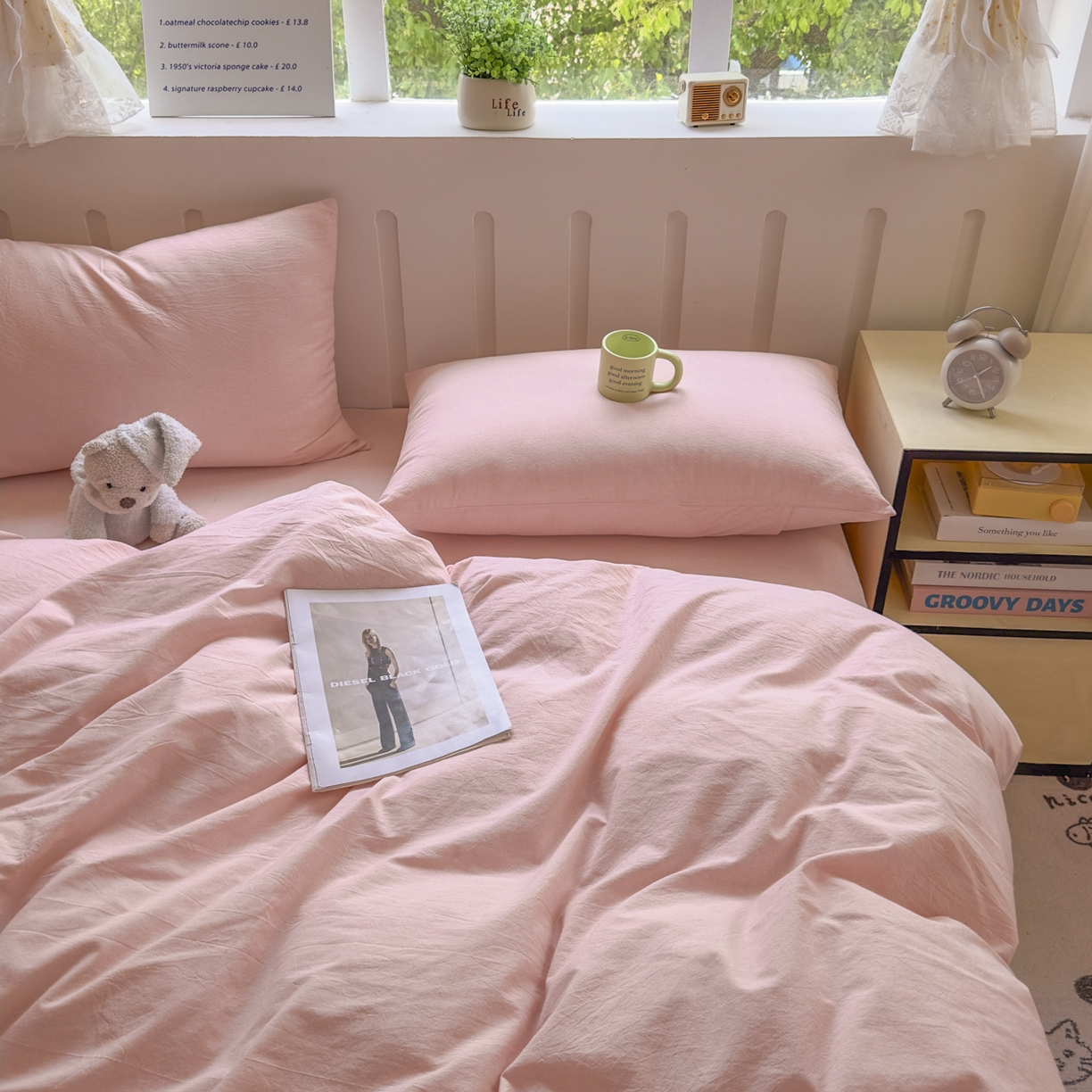 91家纺网 家纺一手货源 找家纺 晚依家纺 2025新款A类全棉色织水洗棉四件套纯棉格子纯色被套学生宿舍三件套定制定做 纯色-浅粉