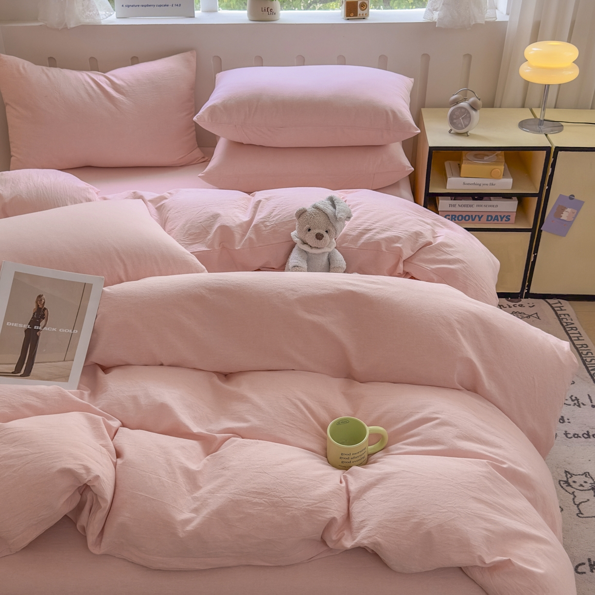 91家纺网 家纺一手货源 找家纺 晚依家纺 2025新款A类全棉色织水洗棉四件套纯棉格子纯色被套学生宿舍三件套定制定做 纯色-浅粉