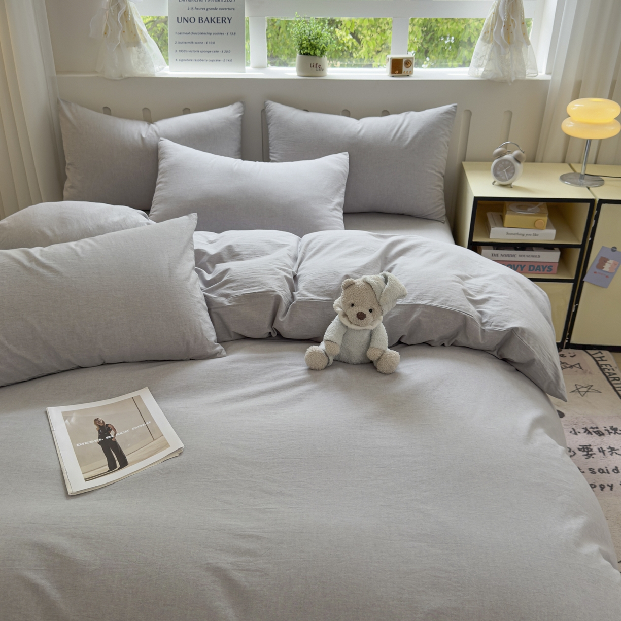 91家纺网 家纺一手货源 找家纺 晚依家纺 2025新款A类全棉色织水洗棉四件套纯棉格子纯色被套学生宿舍三件套定制定做 纯色-浅灰