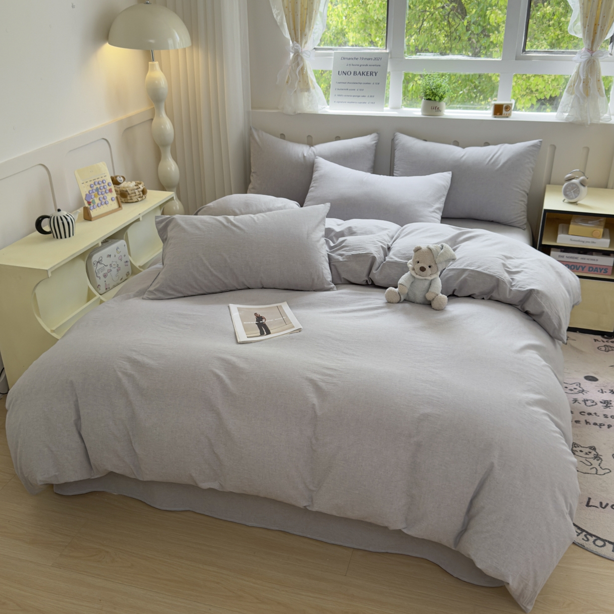 91家纺网 家纺一手货源 找家纺 晚依家纺 2025新款A类全棉色织水洗棉四件套纯棉格子纯色被套学生宿舍三件套定制定做 纯色-浅灰