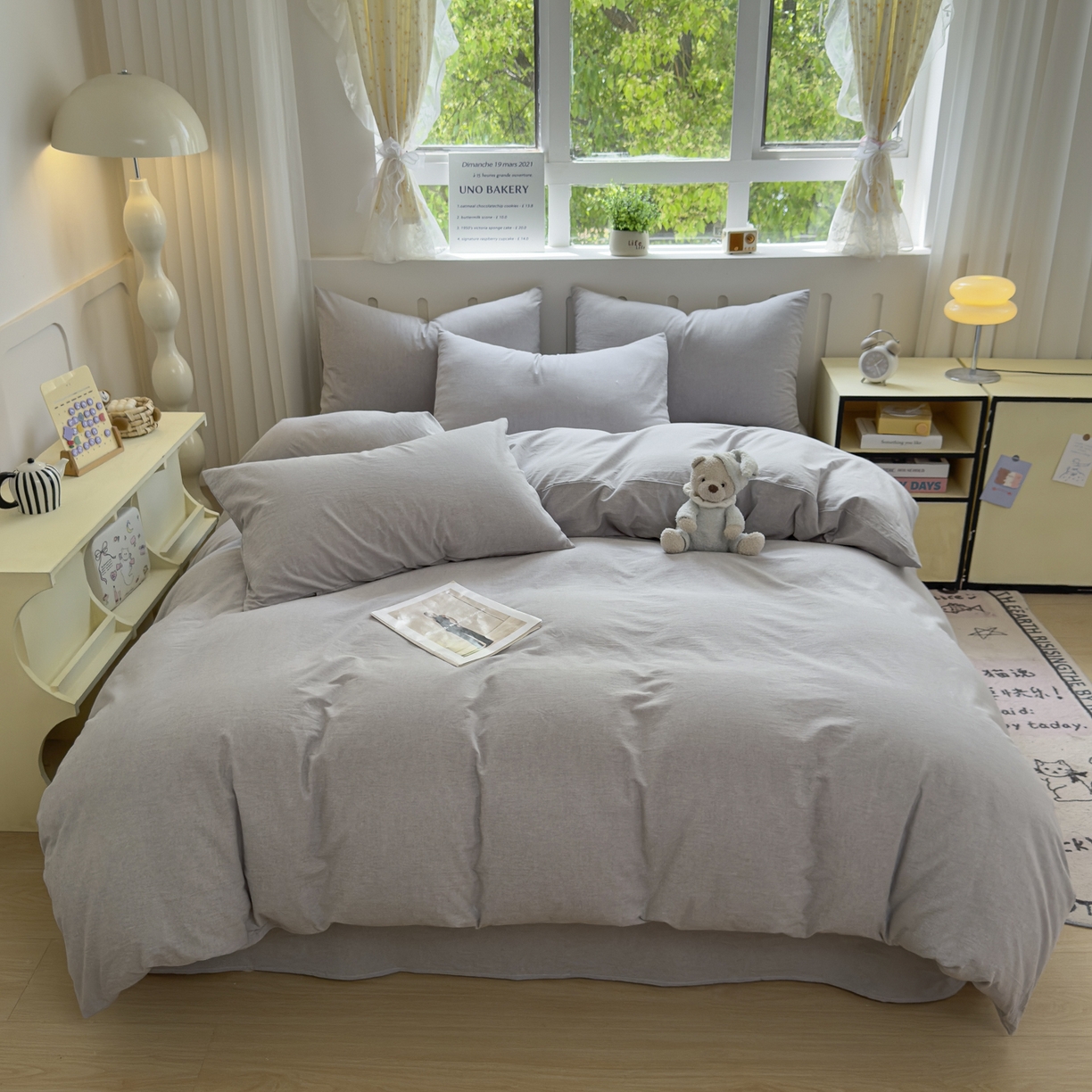 91家纺网 家纺一手货源 找家纺 晚依家纺 2025新款A类全棉色织水洗棉四件套纯棉格子纯色被套学生宿舍三件套定制定做 纯色-浅灰