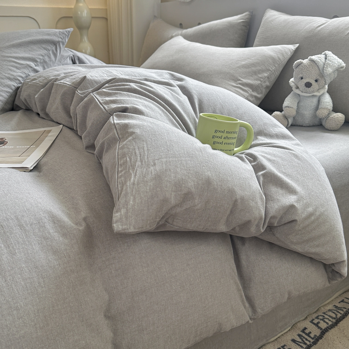 91家纺网 家纺一手货源 找家纺 晚依家纺 2025新款A类全棉色织水洗棉四件套纯棉格子纯色被套学生宿舍三件套定制定做 纯色-浅灰