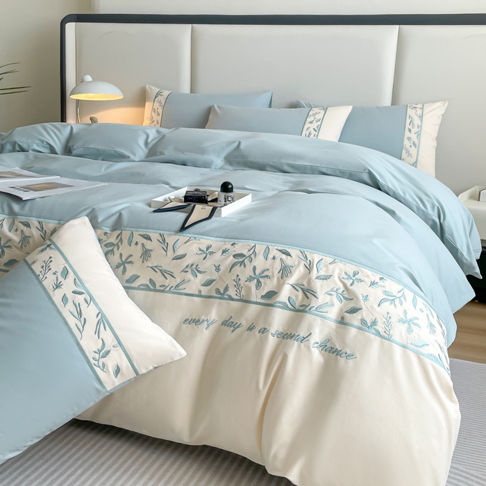 91家纺网 家纺一手货源 找家纺 桃园 2025新款纯棉全棉长绒棉磨毛不掉毛四件套高端礼盒--花漾系列（包含买家秀） 飘蓝