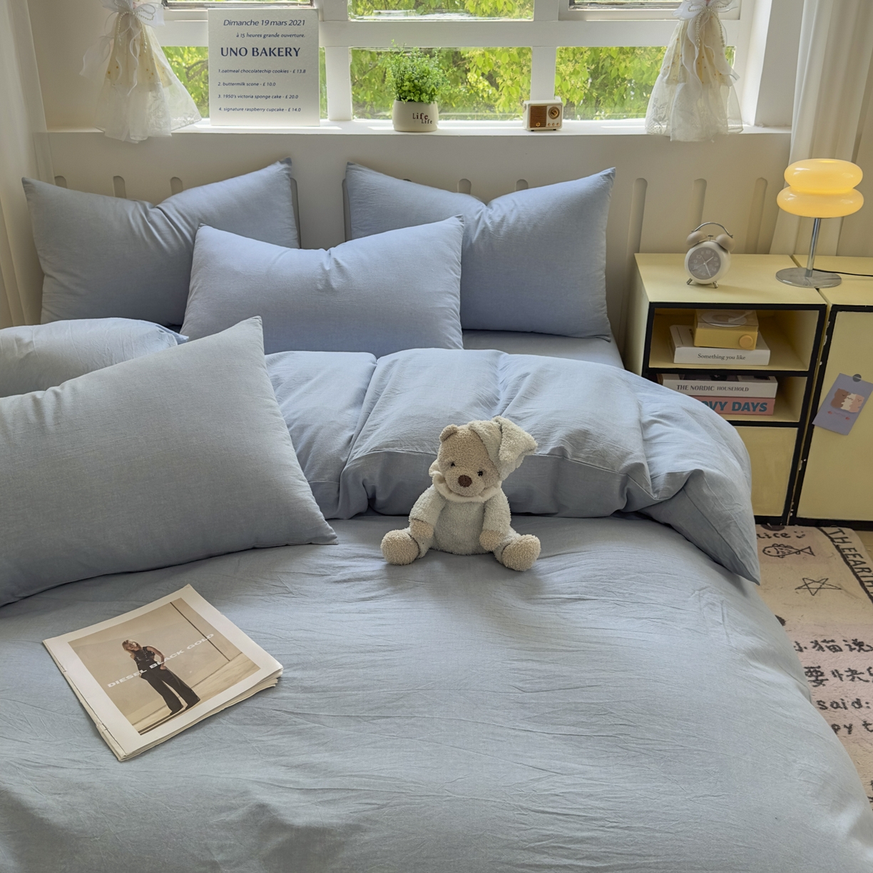 91家纺网 家纺一手货源 找家纺 晚依家纺 2025新款A类全棉色织水洗棉四件套纯棉格子纯色被套学生宿舍三件套定制定做 纯色-浅蓝