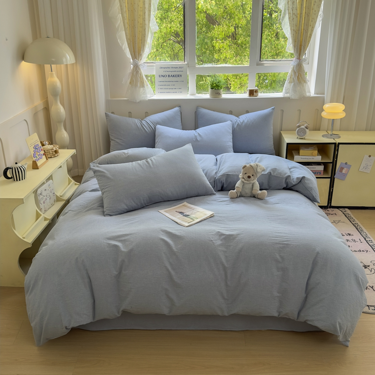 91家纺网 家纺一手货源 找家纺 晚依家纺 2025新款A类全棉色织水洗棉四件套纯棉格子纯色被套学生宿舍三件套定制定做 纯色-浅蓝