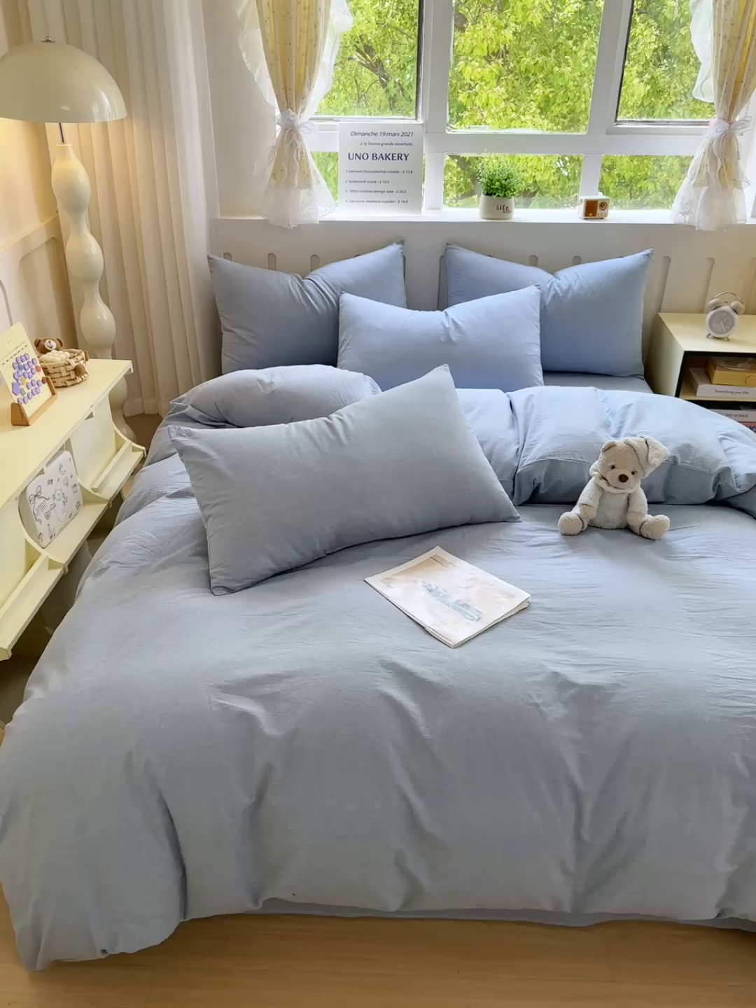 91家纺网 家纺一手货源 找家纺 晚依家纺 2025新款A类全棉色织水洗棉四件套纯棉格子纯色被套学生宿舍三件套定制定做 纯色-浅蓝