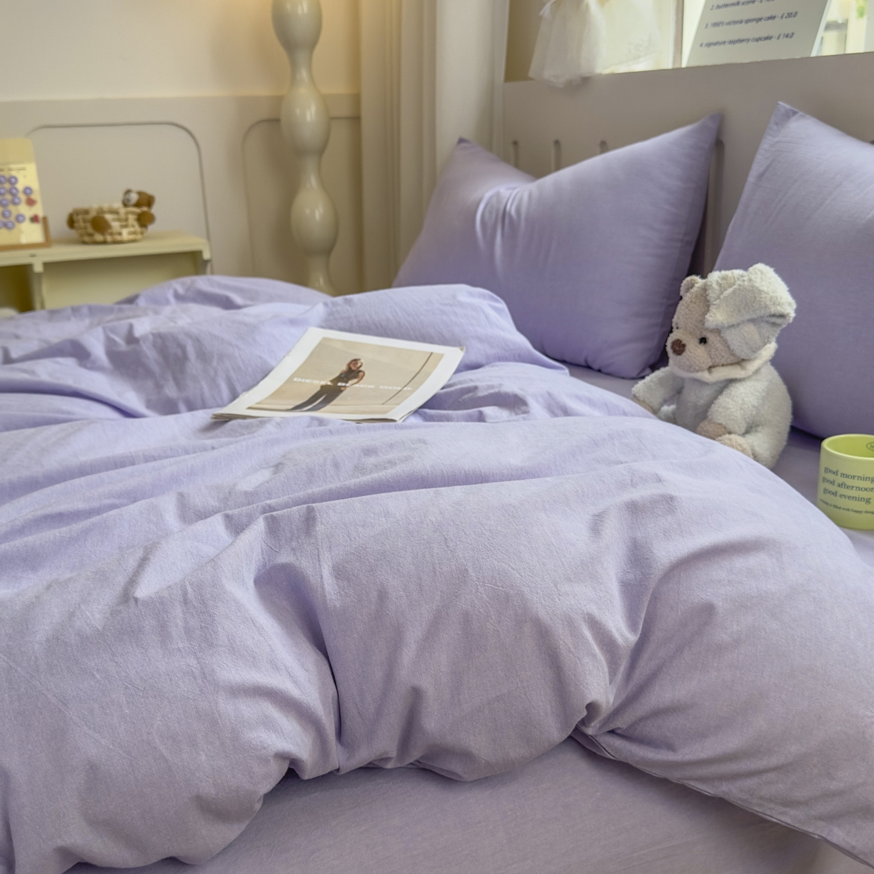 91家纺网 家纺一手货源 找家纺 晚依家纺 2025新款A类全棉色织水洗棉四件套纯棉格子纯色被套学生宿舍三件套定制定做 纯色-浅紫