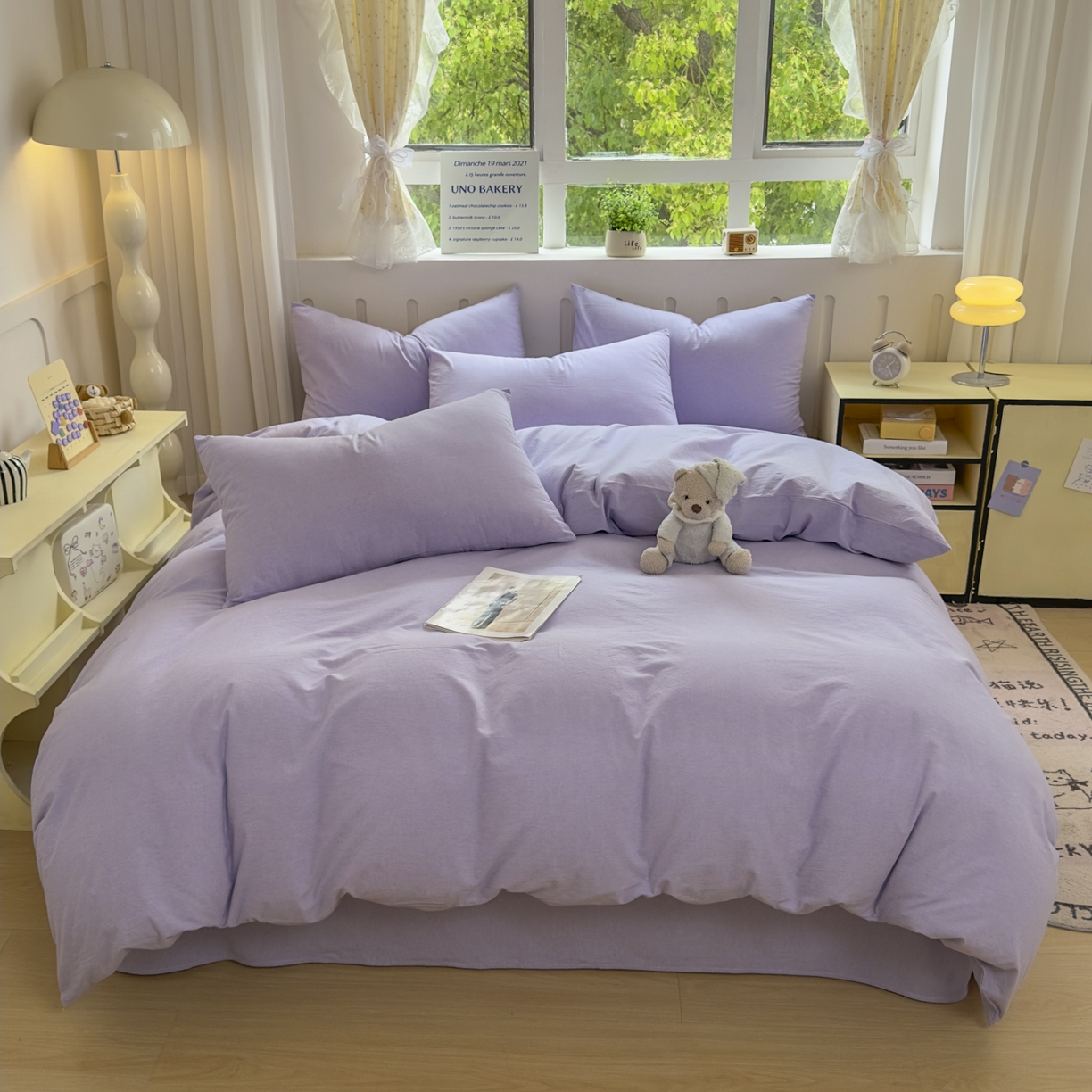 91家纺网 家纺一手货源 找家纺 晚依家纺 2025新款A类全棉色织水洗棉四件套纯棉格子纯色被套学生宿舍三件套定制定做 纯色-浅紫