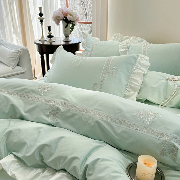 91家纺网 家纺一手货源 找家纺 紫桐 Lila lndus2025新款绣花款四件套-知许 绿色