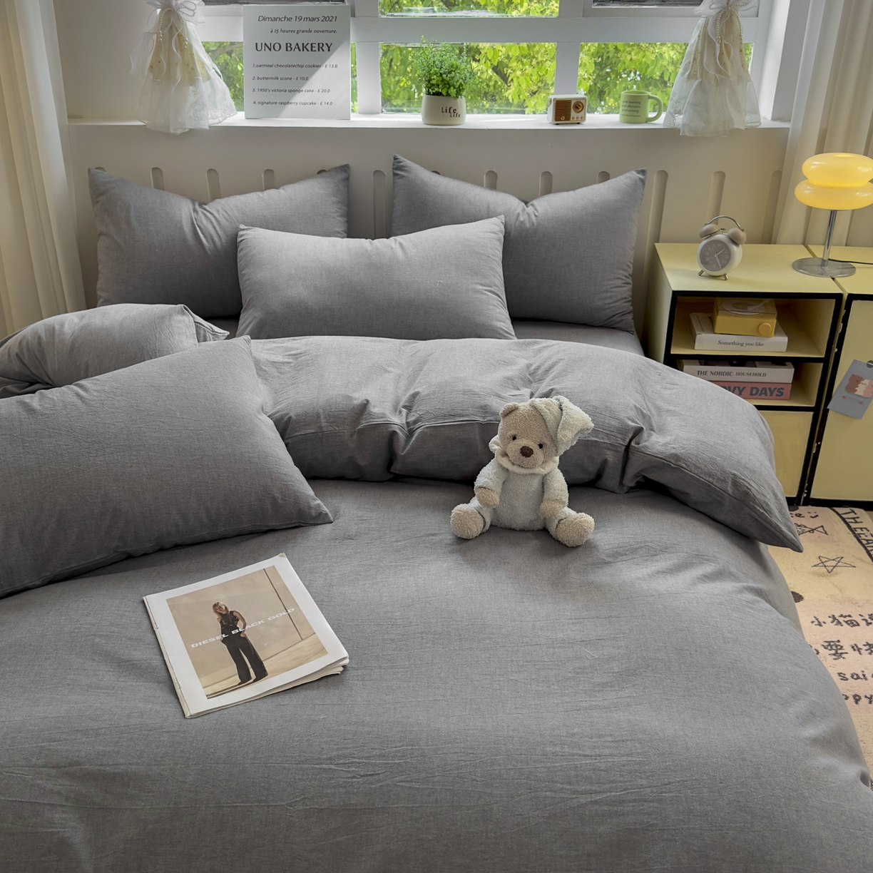 91家纺网 家纺一手货源 找家纺 晚依家纺 2025新款A类全棉色织水洗棉四件套纯棉格子纯色被套学生宿舍三件套定制定做 纯色-烟灰