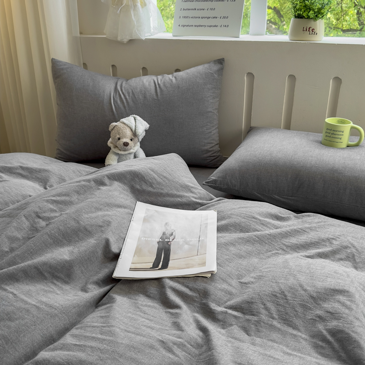 91家纺网 家纺一手货源 找家纺 晚依家纺 2025新款A类全棉色织水洗棉四件套纯棉格子纯色被套学生宿舍三件套定制定做 纯色-烟灰