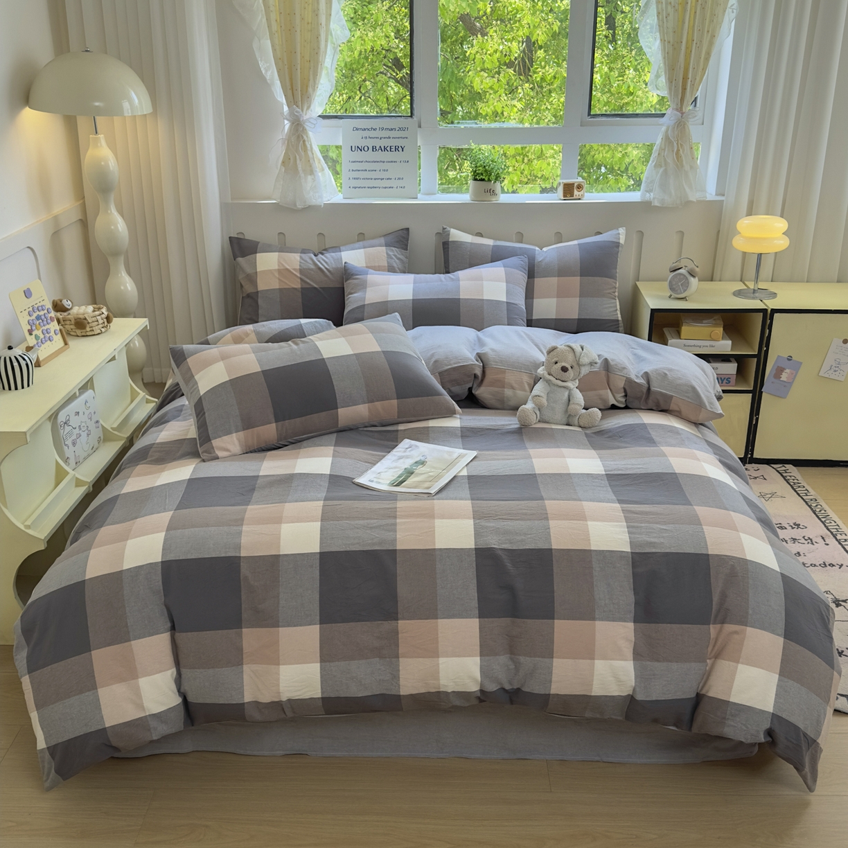 91家纺网 家纺一手货源 找家纺 晚依家纺 2025新款A类全棉色织水洗棉四件套纯棉格子纯色被套学生宿舍三件套定制定做 洛伊-灰咖大格