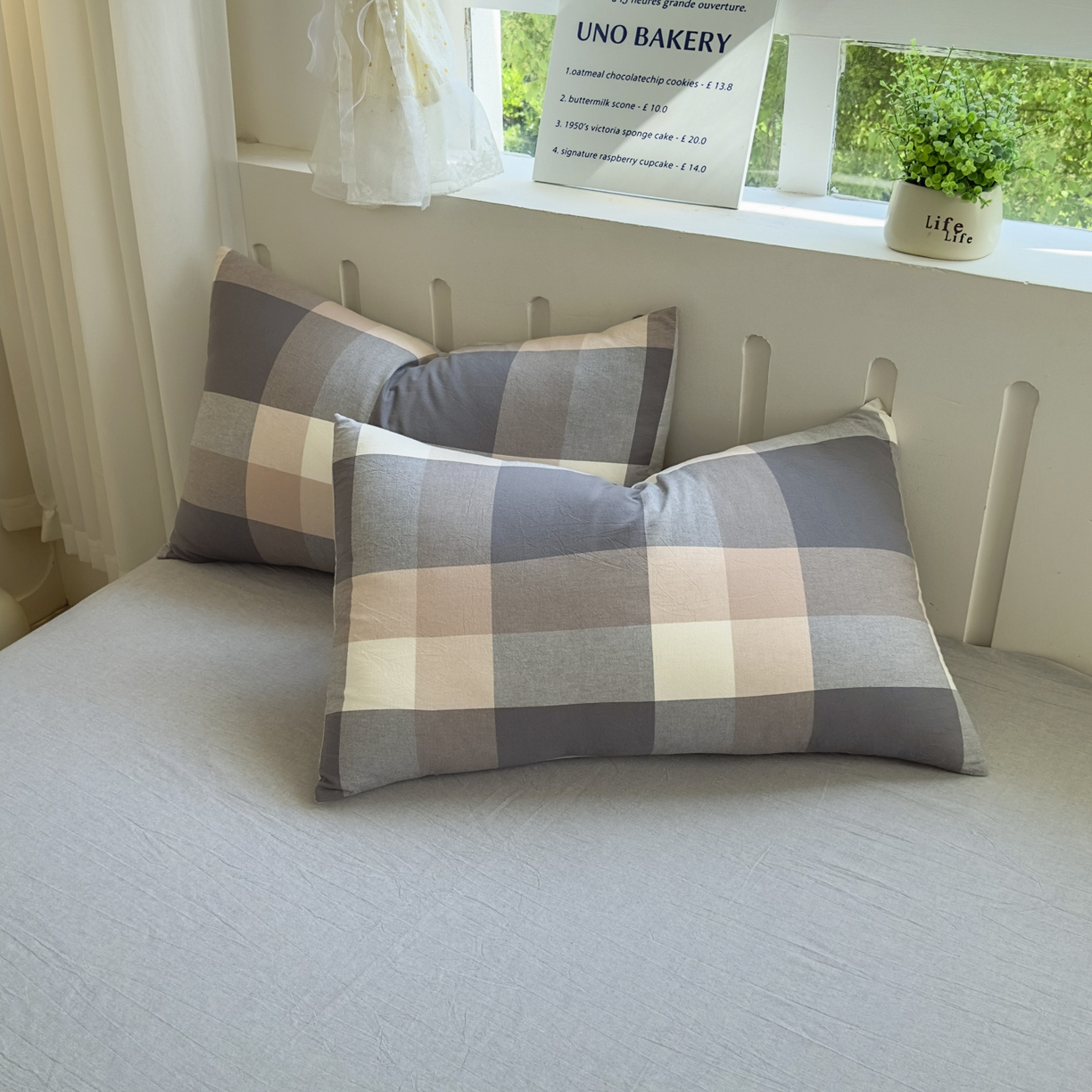 91家纺网 家纺一手货源 找家纺 晚依家纺 2025新款A类全棉色织水洗棉四件套纯棉格子纯色被套学生宿舍三件套定制定做 洛伊-灰咖大格