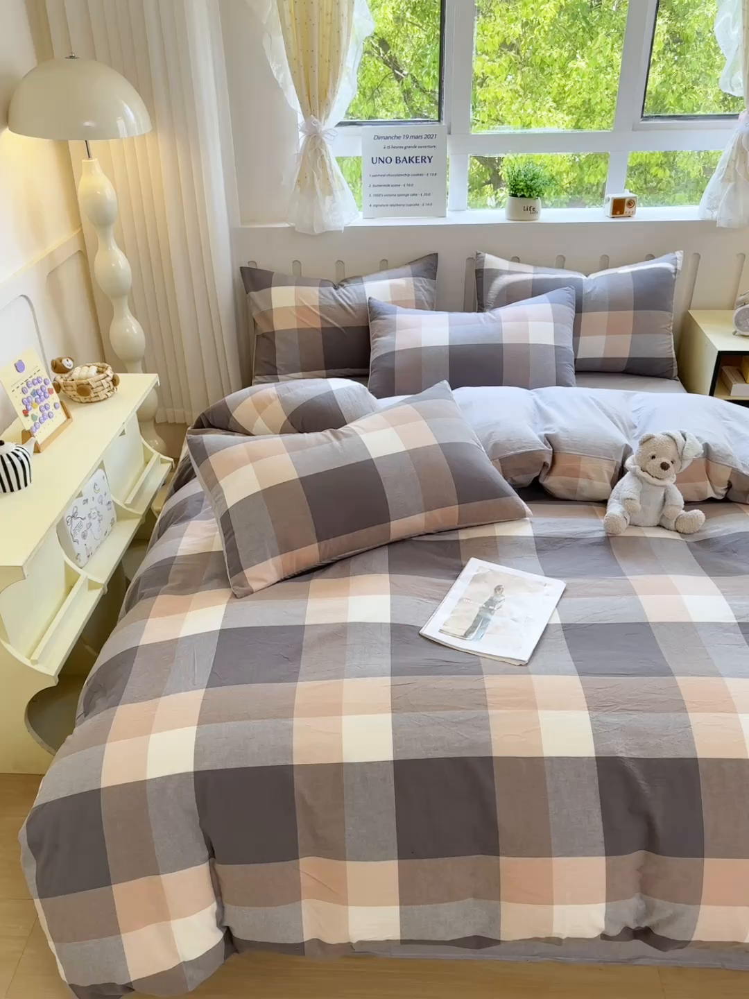 91家纺网 家纺一手货源 找家纺 晚依家纺 2025新款A类全棉色织水洗棉四件套纯棉格子纯色被套学生宿舍三件套定制定做 洛伊-灰咖大格