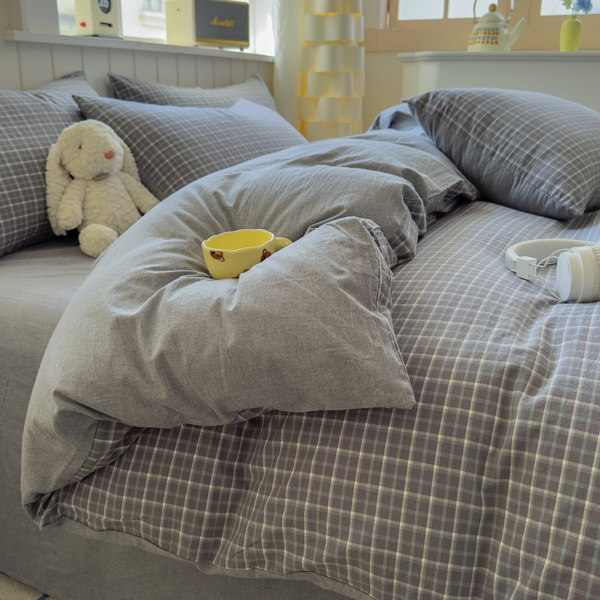 91家纺网 家纺一手货源 找家纺 晚依家纺 2025新款A类全棉色织水洗棉四件套纯棉格子纯色被套学生宿舍三件套定制定做 米娜-绿灰