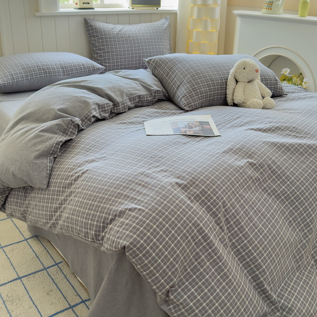 91家纺网 家纺一手货源 找家纺 晚依家纺 2025新款A类全棉色织水洗棉四件套纯棉格子纯色被套学生宿舍三件套定制定做 米娜-绿灰