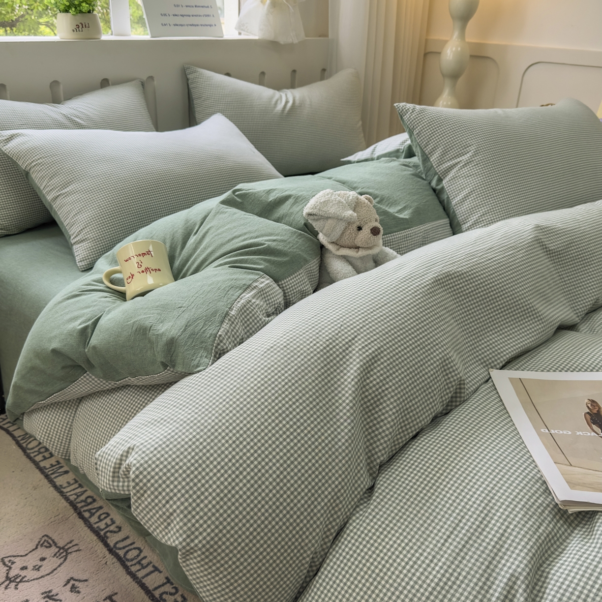 91家纺网 家纺一手货源 找家纺 晚依家纺 2025新款A类全棉色织水洗棉四件套纯棉格子纯色被套学生宿舍三件套定制定做 密格-草绿