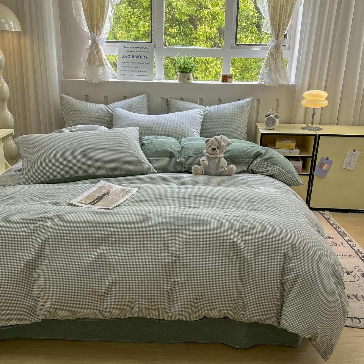 91家纺网 家纺一手货源 找家纺 晚依家纺 2025新款A类全棉色织水洗棉四件套纯棉格子纯色被套学生宿舍三件套定制定做 密格-草绿