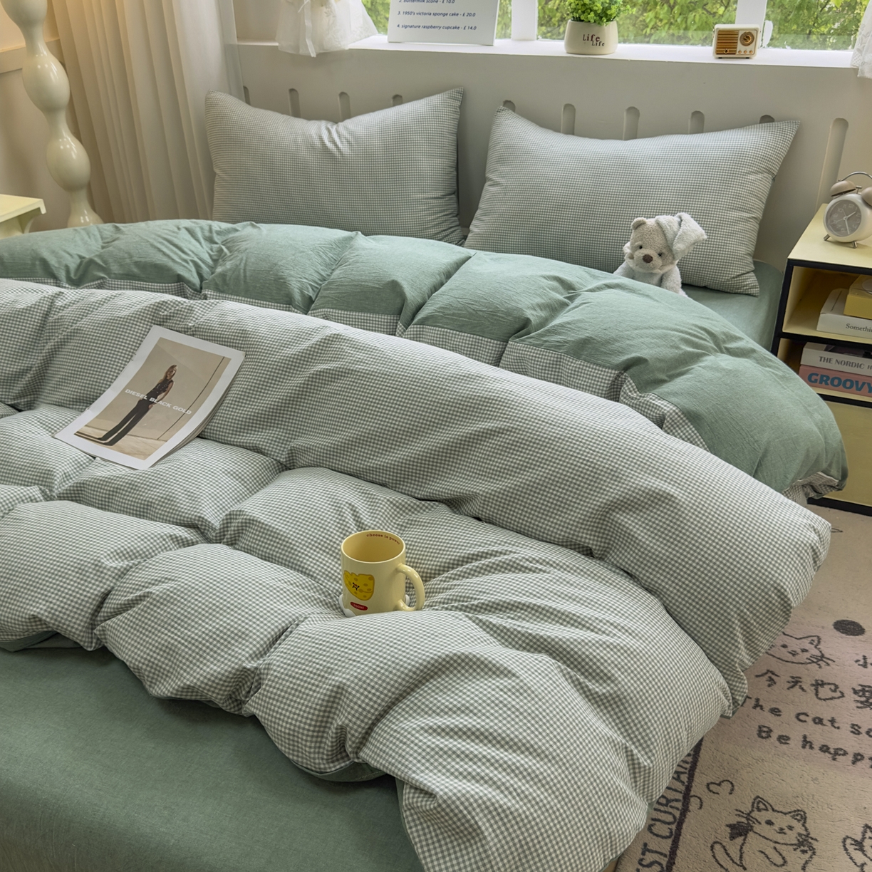 91家纺网 家纺一手货源 找家纺 晚依家纺 2025新款A类全棉色织水洗棉四件套纯棉格子纯色被套学生宿舍三件套定制定做 密格-草绿