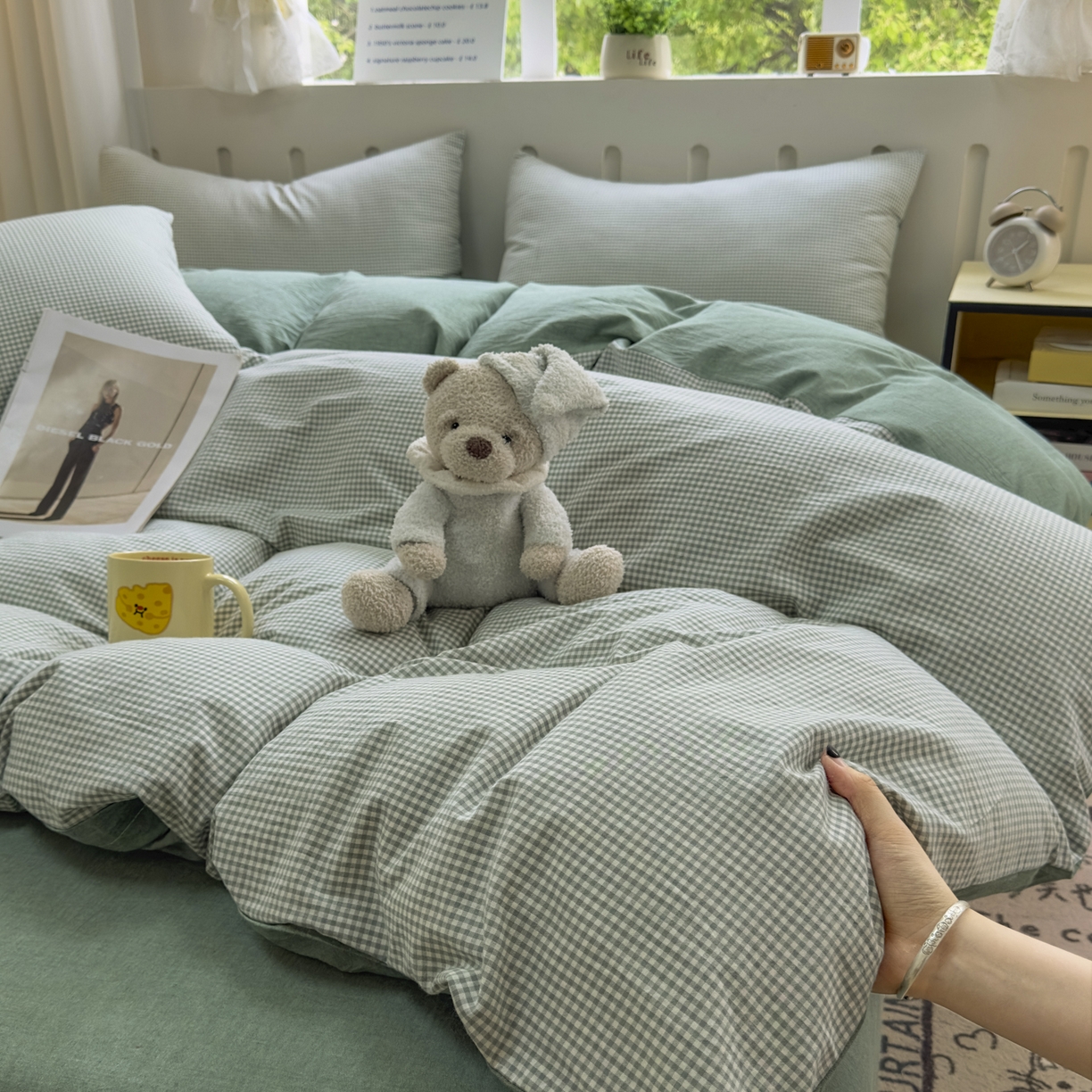91家纺网 家纺一手货源 找家纺 晚依家纺 2025新款A类全棉色织水洗棉四件套纯棉格子纯色被套学生宿舍三件套定制定做 密格-草绿