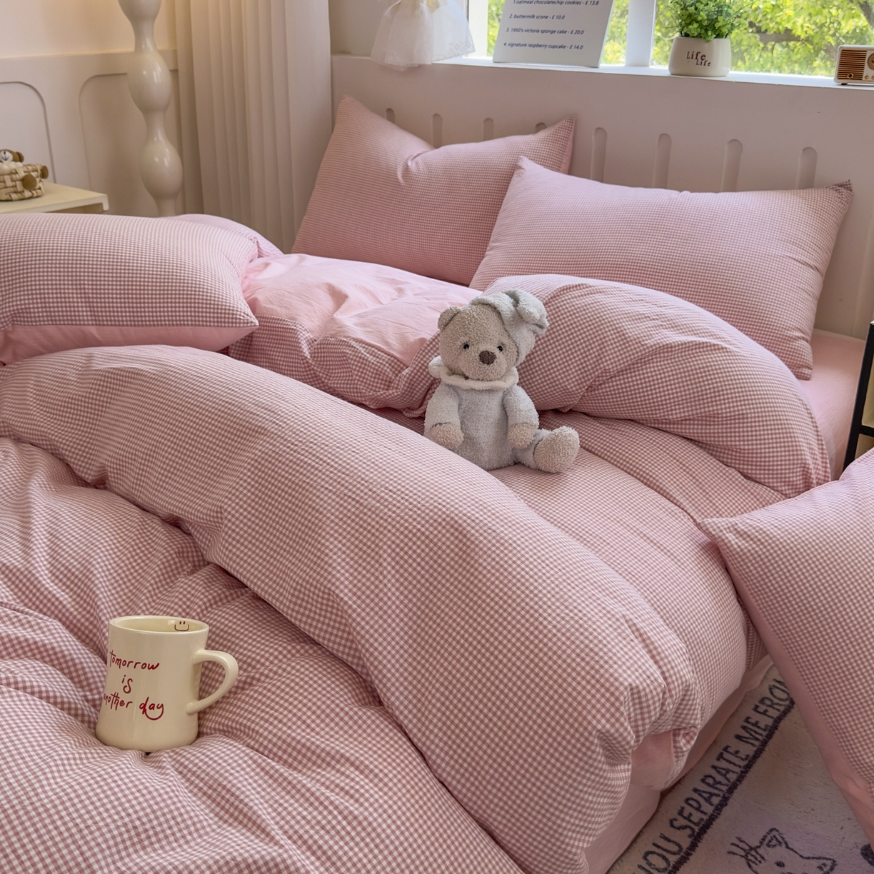 91家纺网 家纺一手货源 找家纺 晚依家纺 2025新款A类全棉色织水洗棉四件套纯棉格子纯色被套学生宿舍三件套定制定做 密格-浅粉