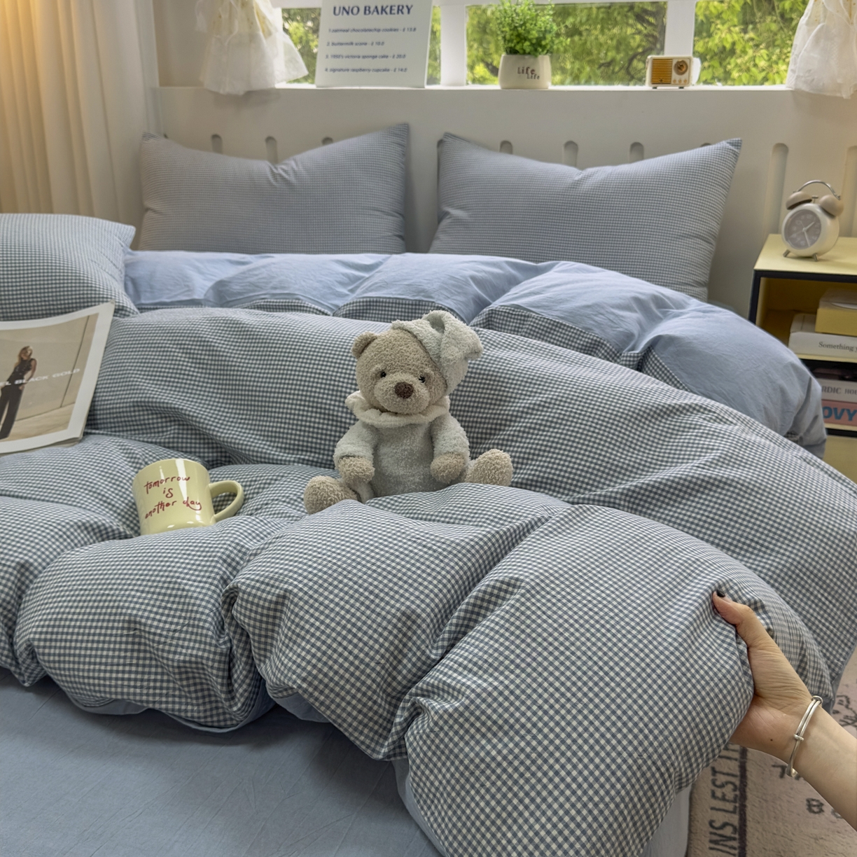91家纺网 家纺一手货源 找家纺 晚依家纺 2025新款A类全棉色织水洗棉四件套纯棉格子纯色被套学生宿舍三件套定制定做 密格-浅蓝