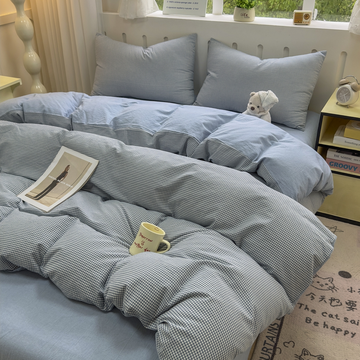 91家纺网 家纺一手货源 找家纺 晚依家纺 2025新款A类全棉色织水洗棉四件套纯棉格子纯色被套学生宿舍三件套定制定做 密格-浅蓝