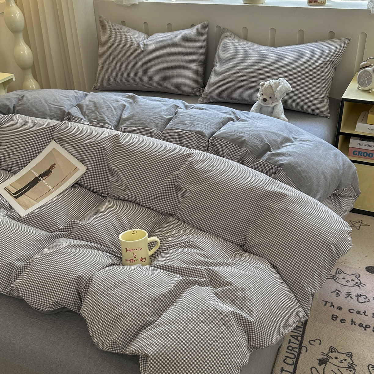 91家纺网 家纺一手货源 找家纺 晚依家纺 2025新款A类全棉色织水洗棉四件套纯棉格子纯色被套学生宿舍三件套定制定做 密格-烟灰