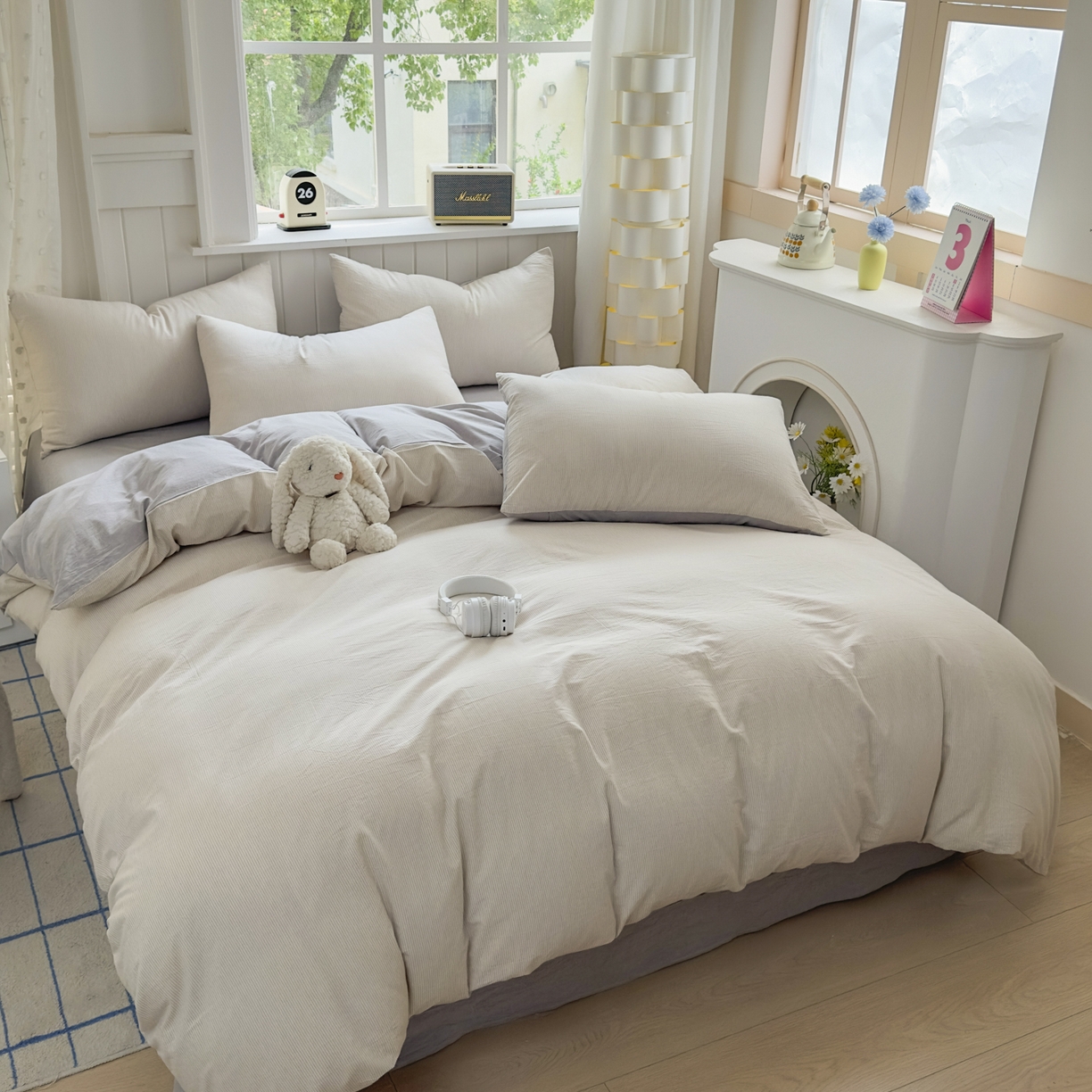 91家纺网 家纺一手货源 找家纺 晚依家纺 2025新款A类全棉色织水洗棉四件套纯棉格子纯色被套学生宿舍三件套定制定做 密条-米灰