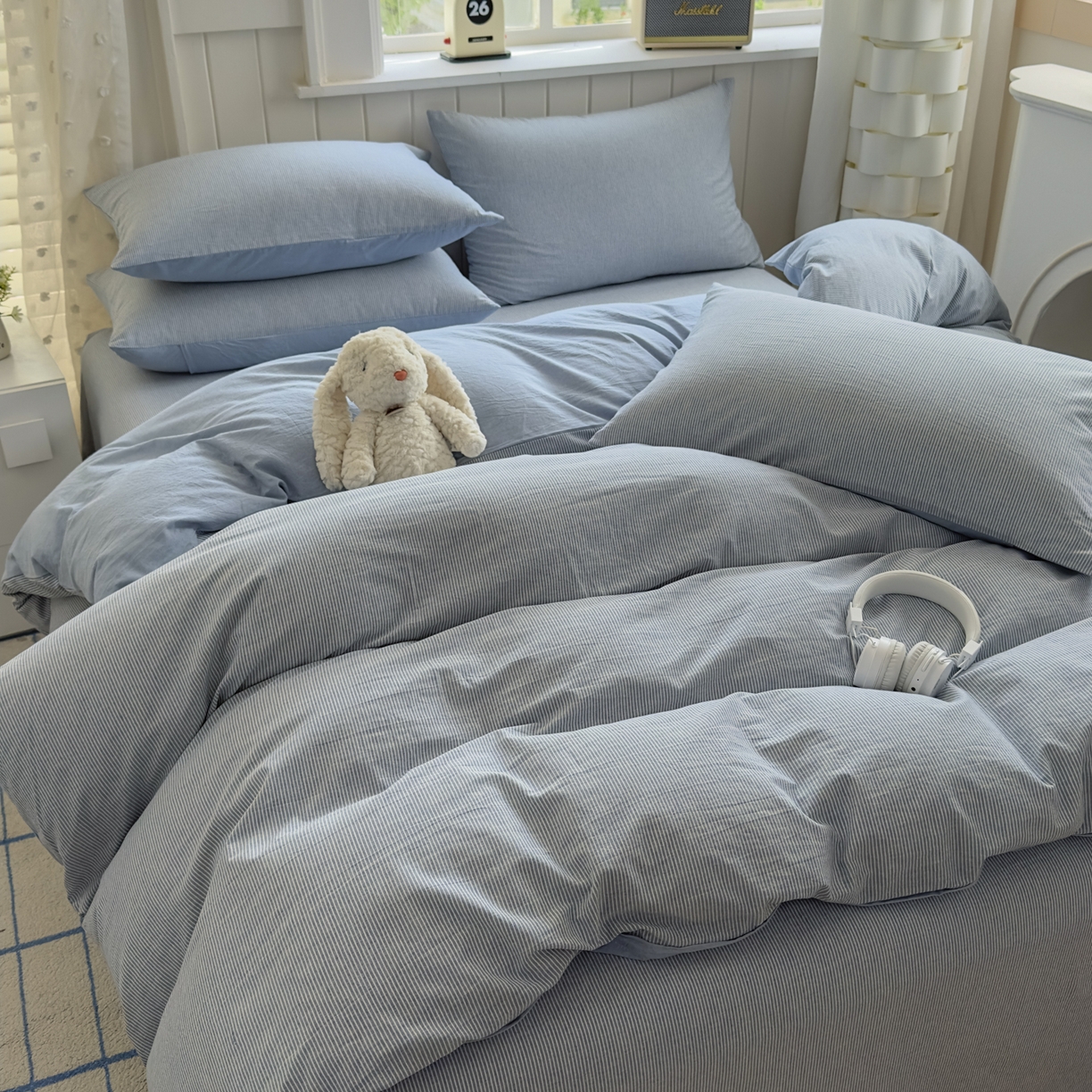 91家纺网 家纺一手货源 找家纺 晚依家纺 2025新款A类全棉色织水洗棉四件套纯棉格子纯色被套学生宿舍三件套定制定做 密条-浅蓝