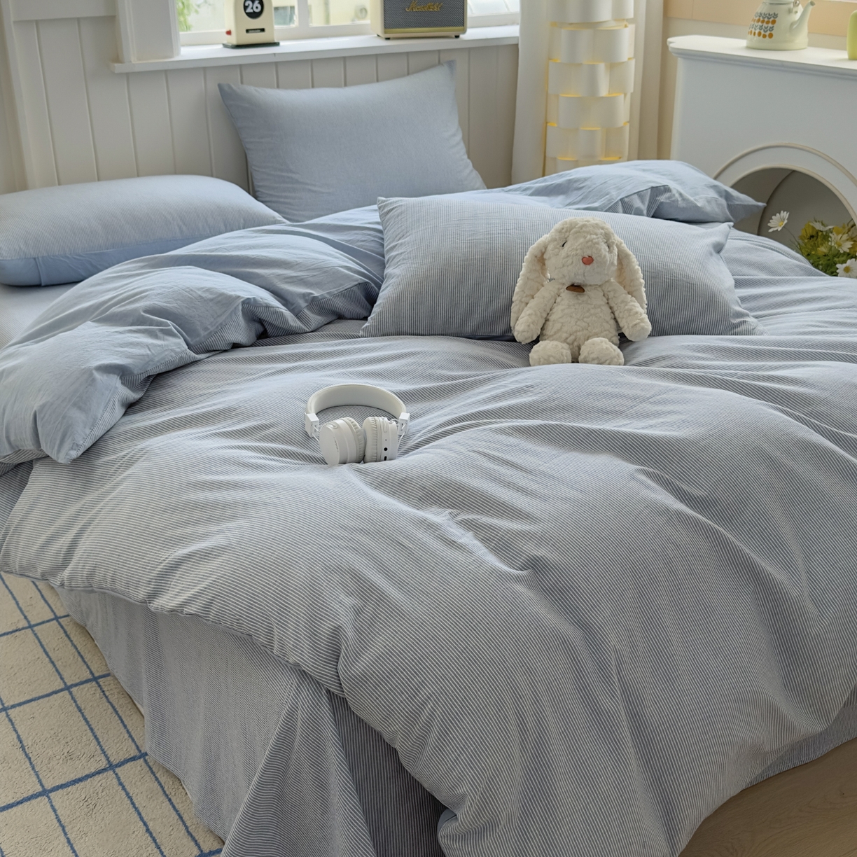 91家纺网 家纺一手货源 找家纺 晚依家纺 2025新款A类全棉色织水洗棉四件套纯棉格子纯色被套学生宿舍三件套定制定做 密条-浅蓝