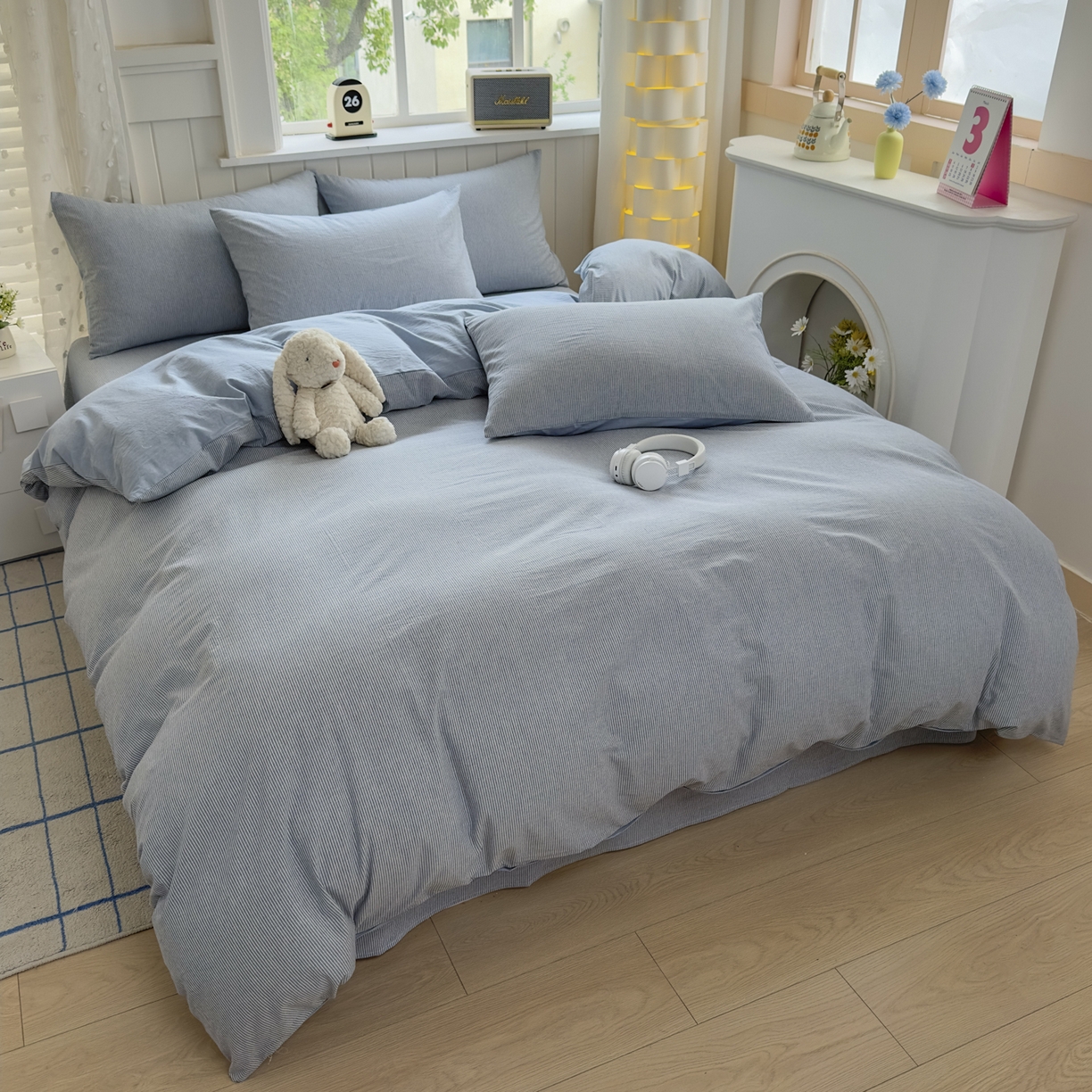 91家纺网 家纺一手货源 找家纺 晚依家纺 2025新款A类全棉色织水洗棉四件套纯棉格子纯色被套学生宿舍三件套定制定做 密条-浅蓝