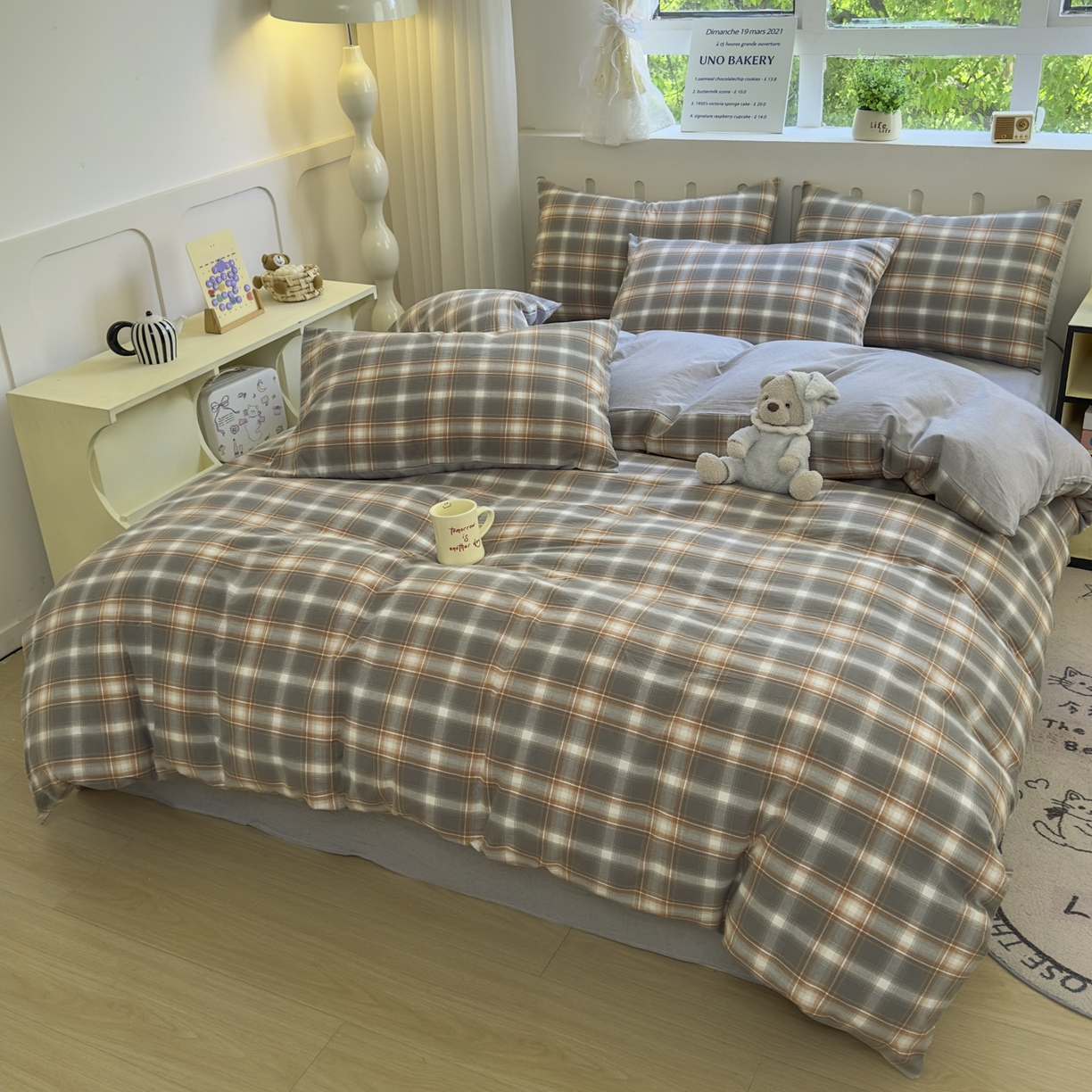 91家纺网 家纺一手货源 找家纺 晚依家纺 2025新款A类全棉色织水洗棉四件套纯棉格子纯色被套学生宿舍三件套定制定做 诺卡-浅灰