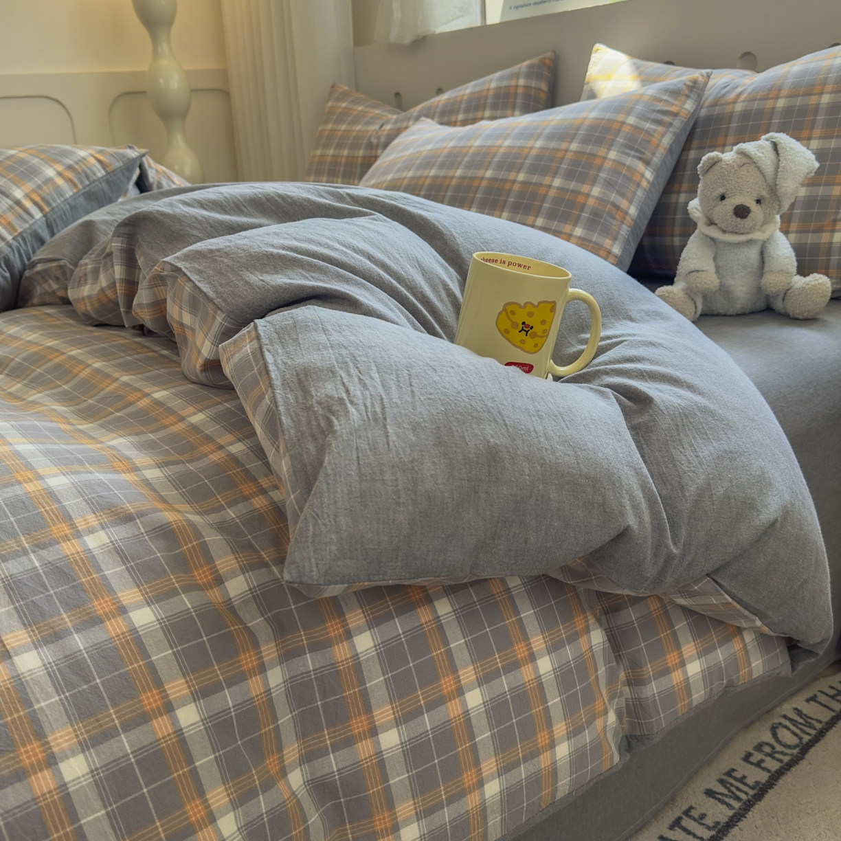 91家纺网 家纺一手货源 找家纺 晚依家纺 2025新款A类全棉色织水洗棉四件套纯棉格子纯色被套学生宿舍三件套定制定做 映像格-橙灰