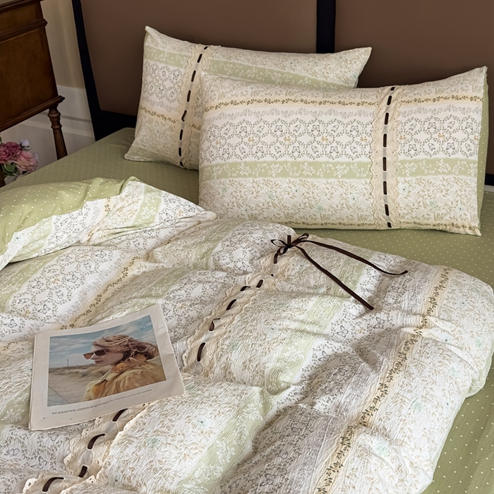 91家纺网 家纺一手货源 找家纺 可思家纺2025新款云感木棉皱皱纱四件套 薄雾花海