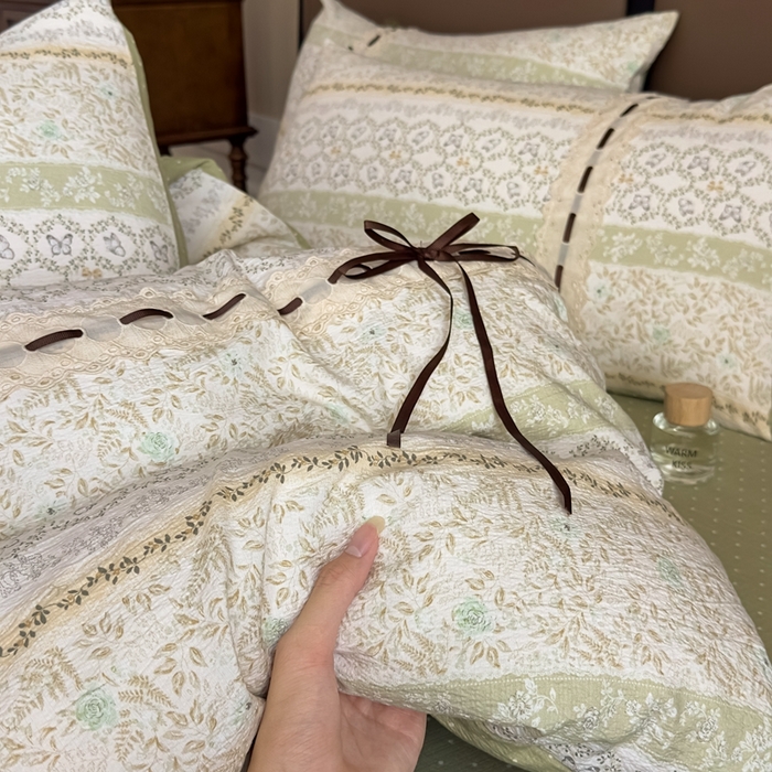 91家纺网 家纺一手货源 找家纺 可思家纺2025新款云感木棉皱皱纱四件套 薄雾花海