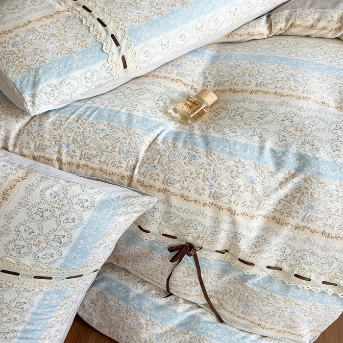 91家纺网 家纺一手货源 找家纺 可思家纺2025新款云感木棉皱皱纱四件套 蝶舞翩翩