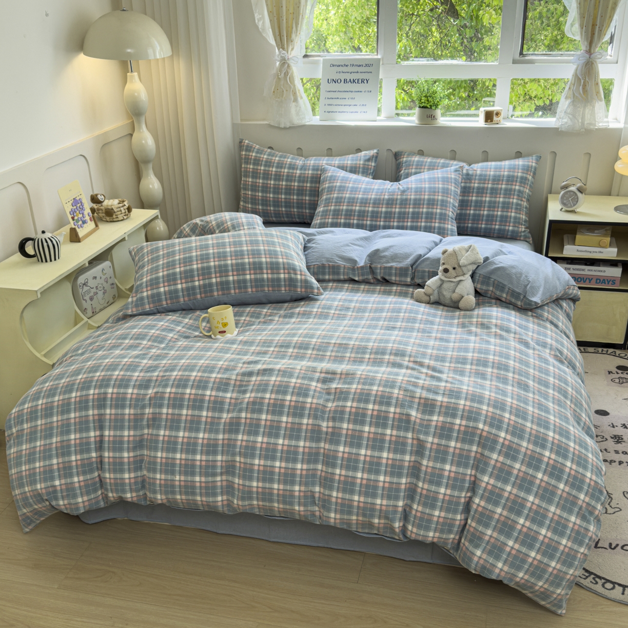 91家纺网 家纺一手货源 找家纺 晚依家纺 2025新款A类全棉色织水洗棉四件套纯棉格子纯色被套学生宿舍三件套定制定做 映像格-蓝