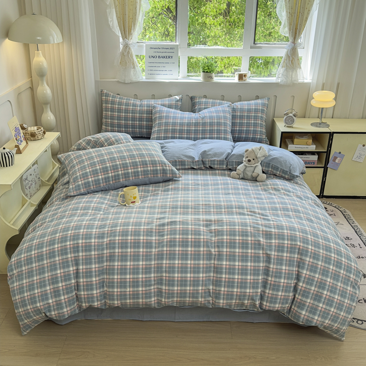 91家纺网 家纺一手货源 找家纺 晚依家纺 2025新款A类全棉色织水洗棉四件套纯棉格子纯色被套学生宿舍三件套定制定做 映像格-蓝