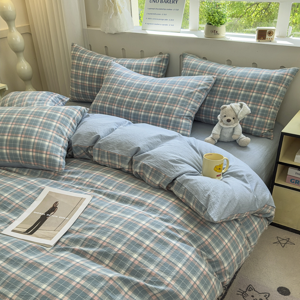 91家纺网 家纺一手货源 找家纺 晚依家纺 2025新款A类全棉色织水洗棉四件套纯棉格子纯色被套学生宿舍三件套定制定做 映像格-蓝