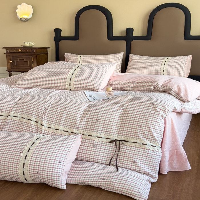 91家纺网 家纺一手货源 找家纺 可思家纺2025新款云感木棉皱皱纱四件套 格调粉