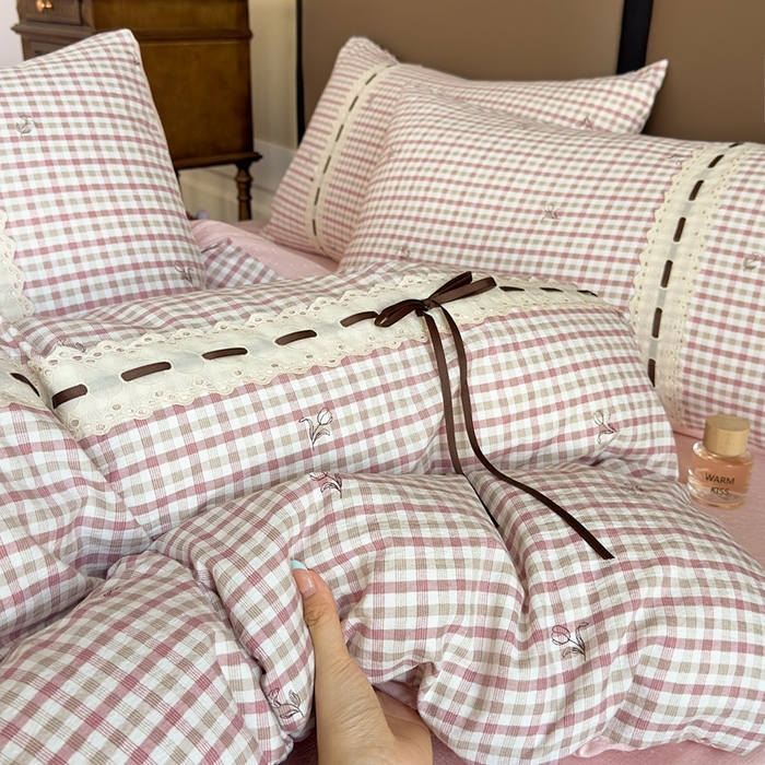 91家纺网 家纺一手货源 找家纺 可思家纺2025新款云感木棉皱皱纱四件套 格调粉