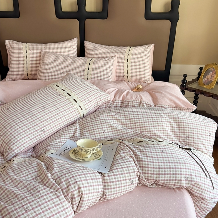 91家纺网 家纺一手货源 找家纺 可思家纺2025新款云感木棉皱皱纱四件套 格调粉